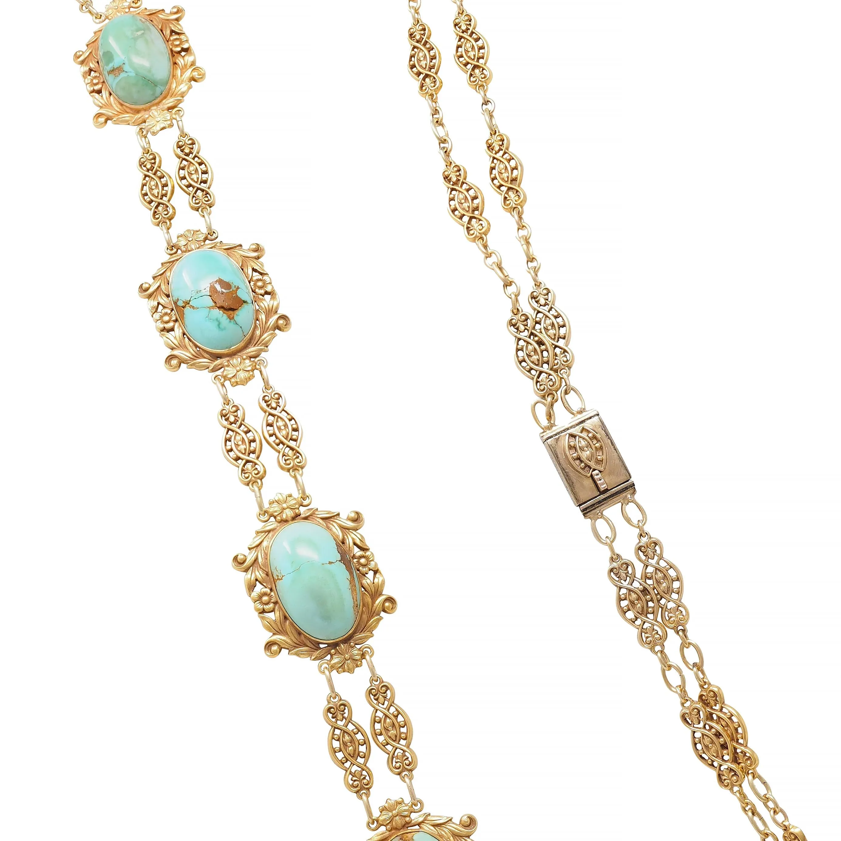 Tiffany & Co. Victorian Turquoise 18 Karat Yellow Gold Antique Floral Station Chain Necklace