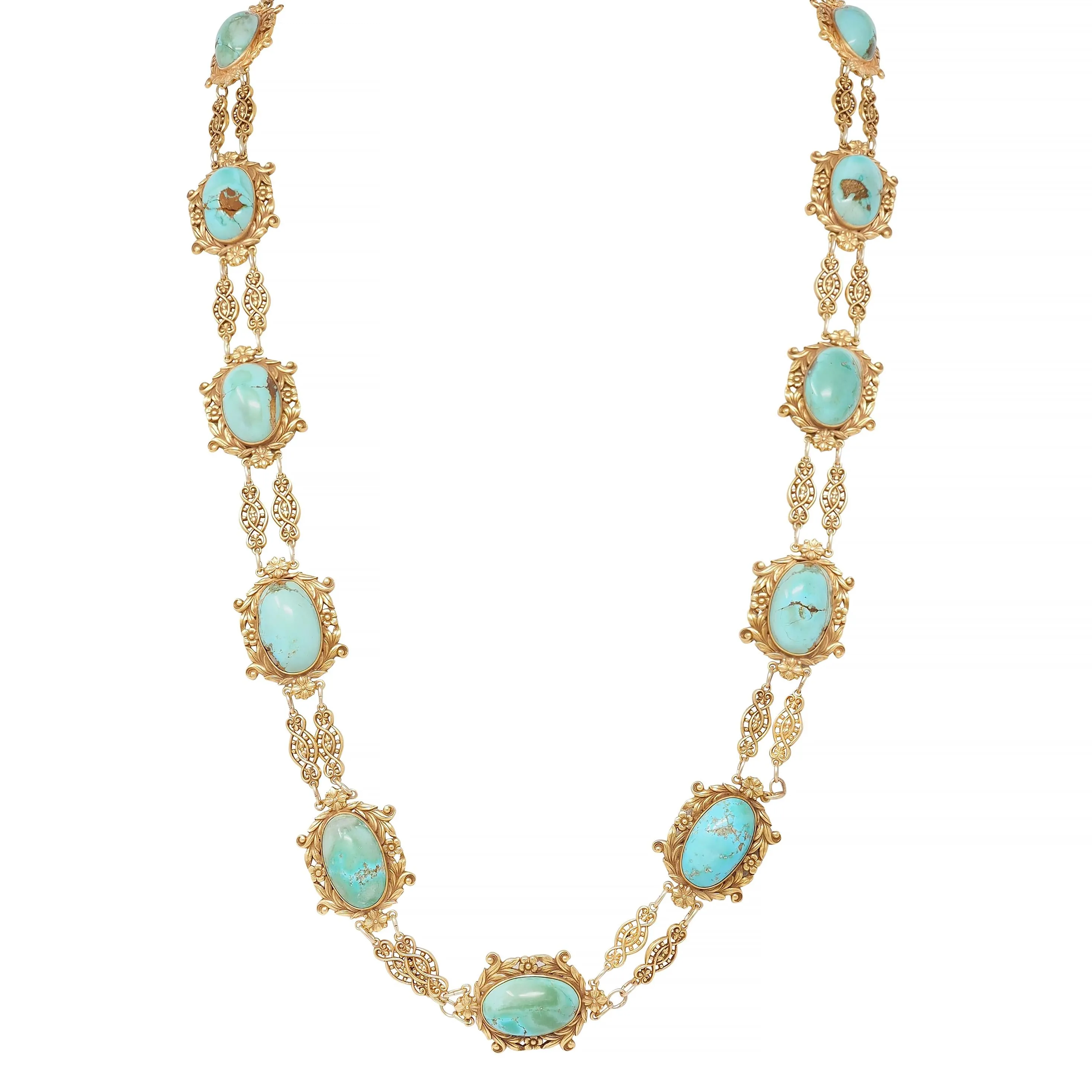 Tiffany & Co. Victorian Turquoise 18 Karat Yellow Gold Antique Floral Station Chain Necklace