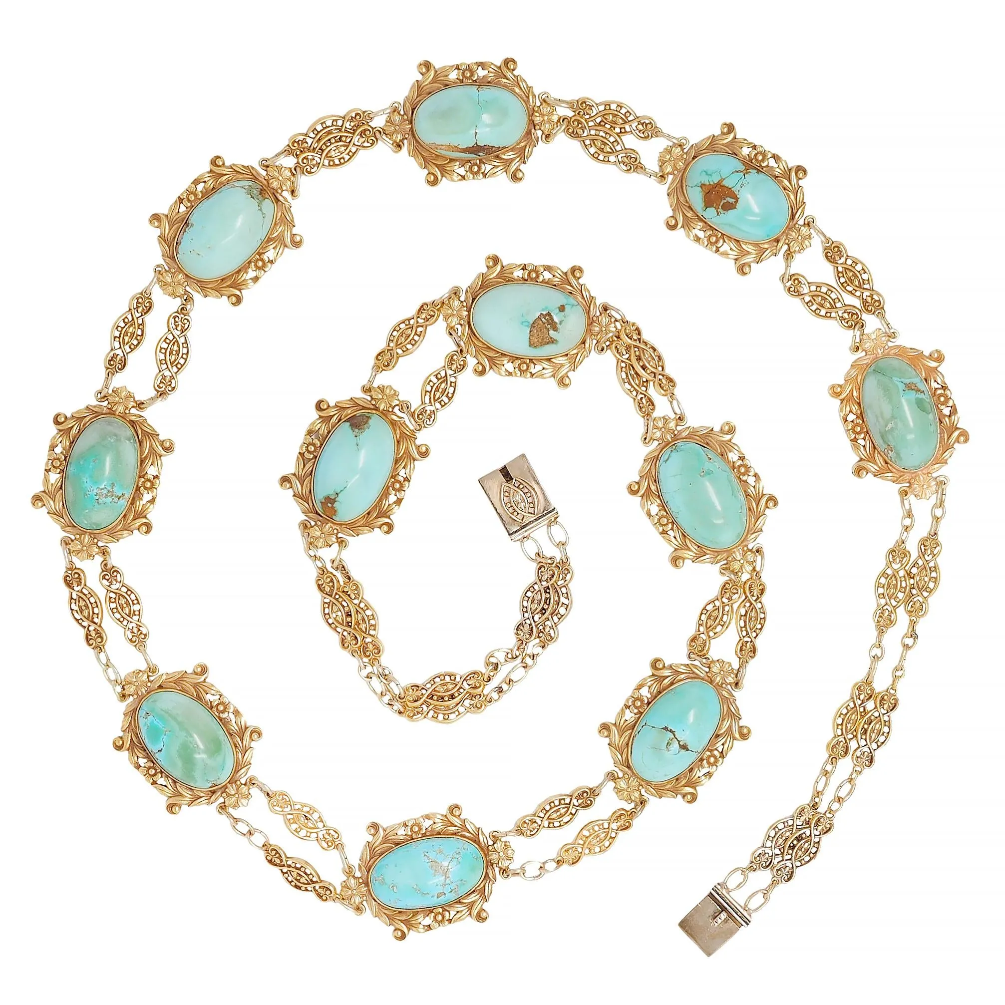 Tiffany & Co. Victorian Turquoise 18 Karat Yellow Gold Antique Floral Station Chain Necklace