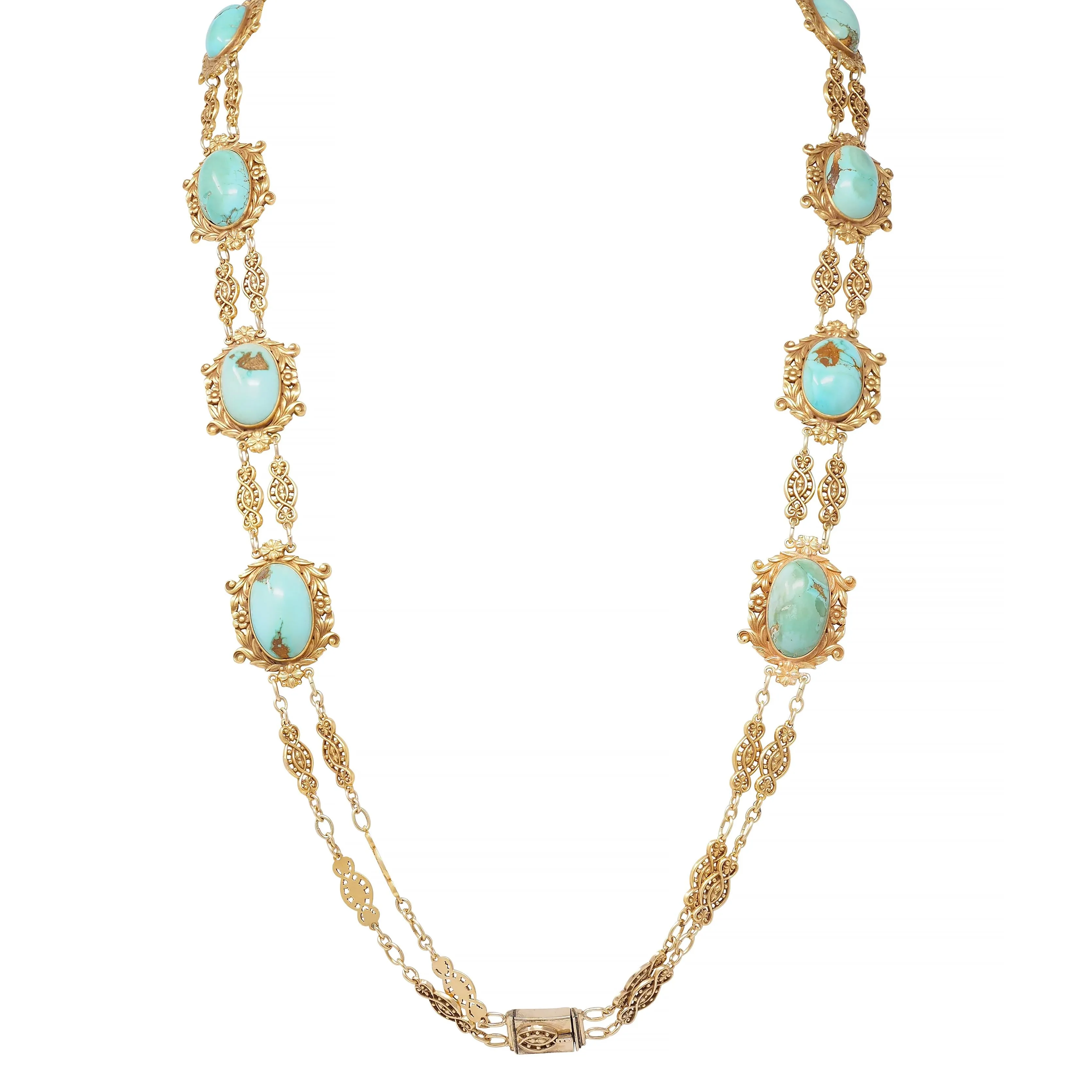 Tiffany & Co. Victorian Turquoise 18 Karat Yellow Gold Antique Floral Station Chain Necklace