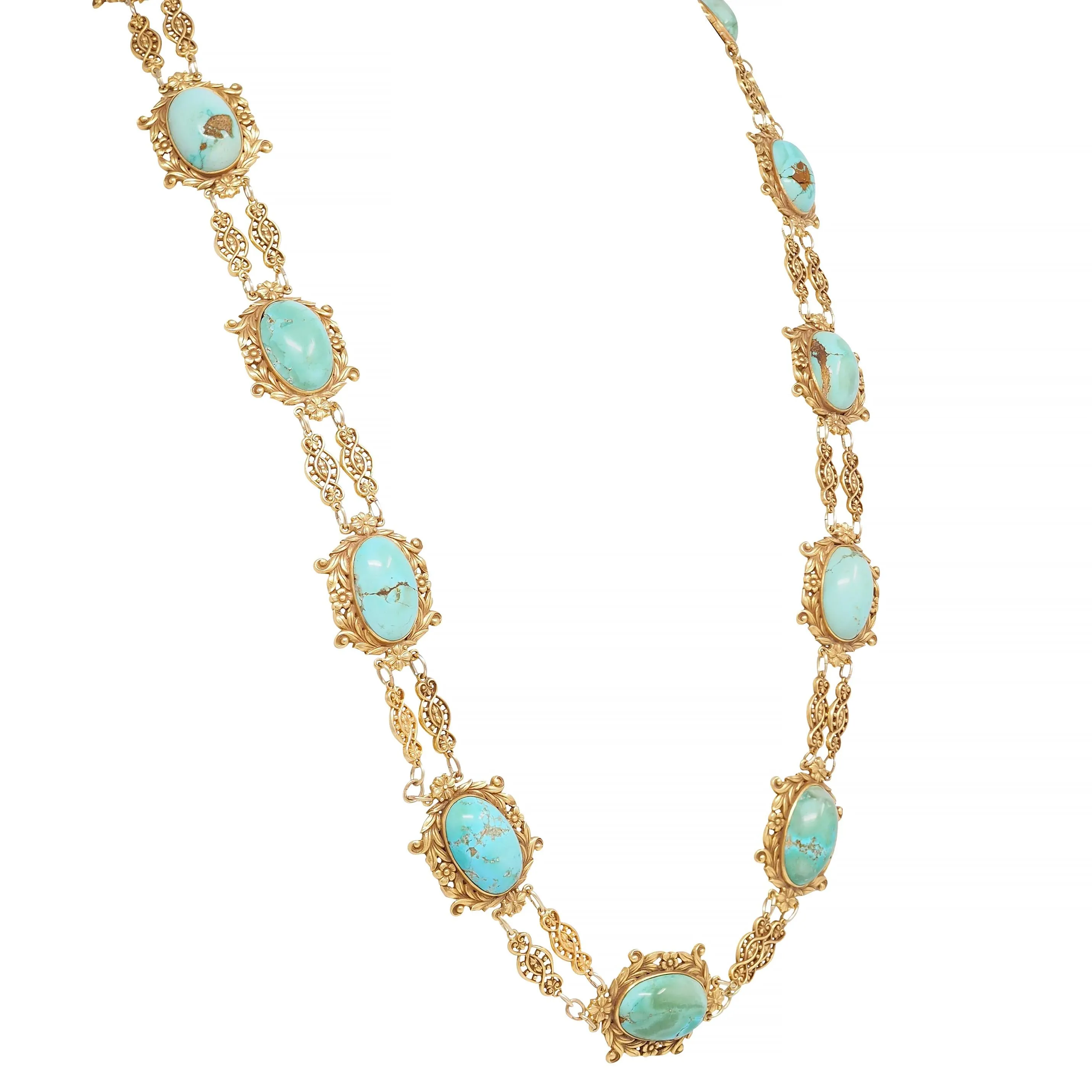 Tiffany & Co. Victorian Turquoise 18 Karat Yellow Gold Antique Floral Station Chain Necklace