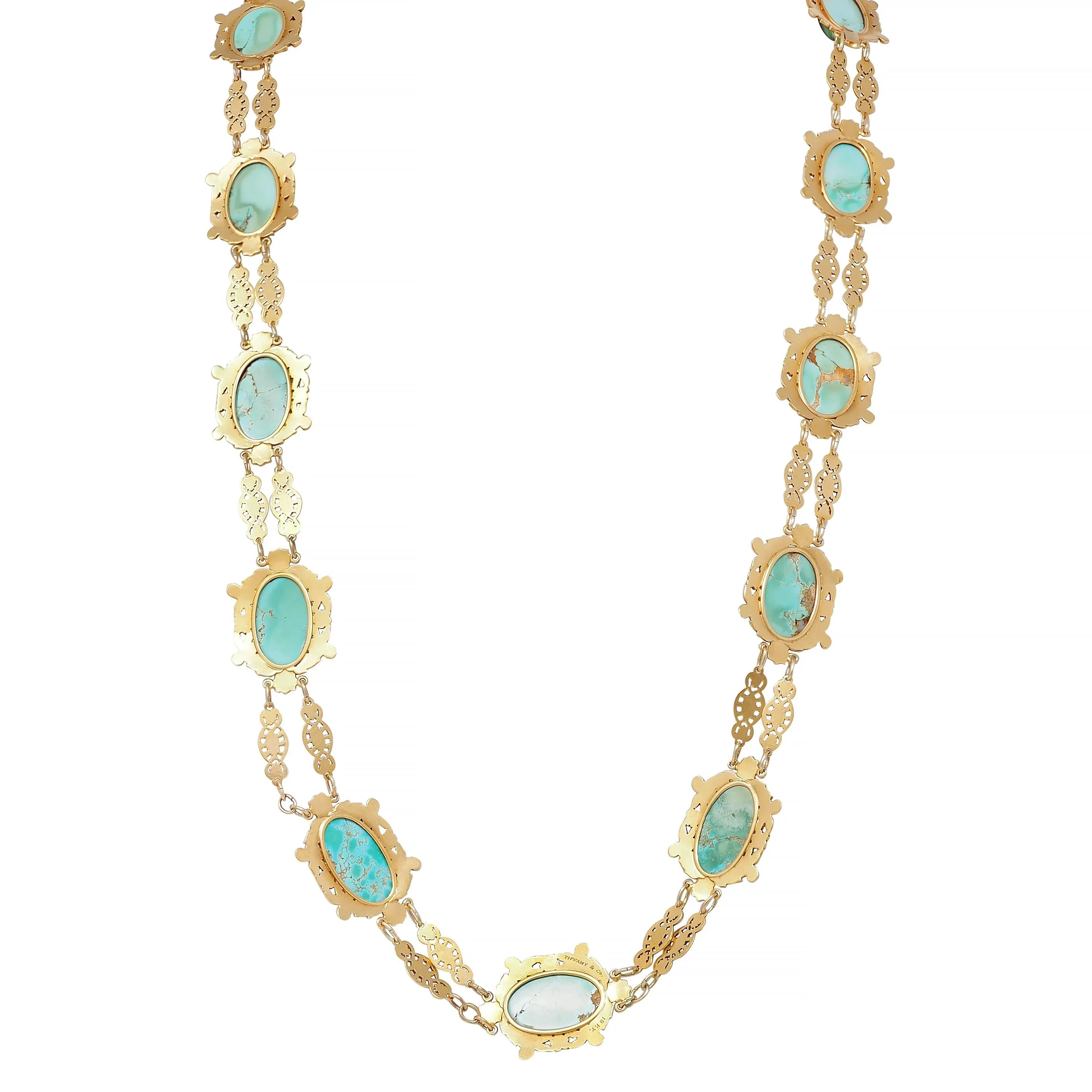 Tiffany & Co. Victorian Turquoise 18 Karat Yellow Gold Antique Floral Station Chain Necklace