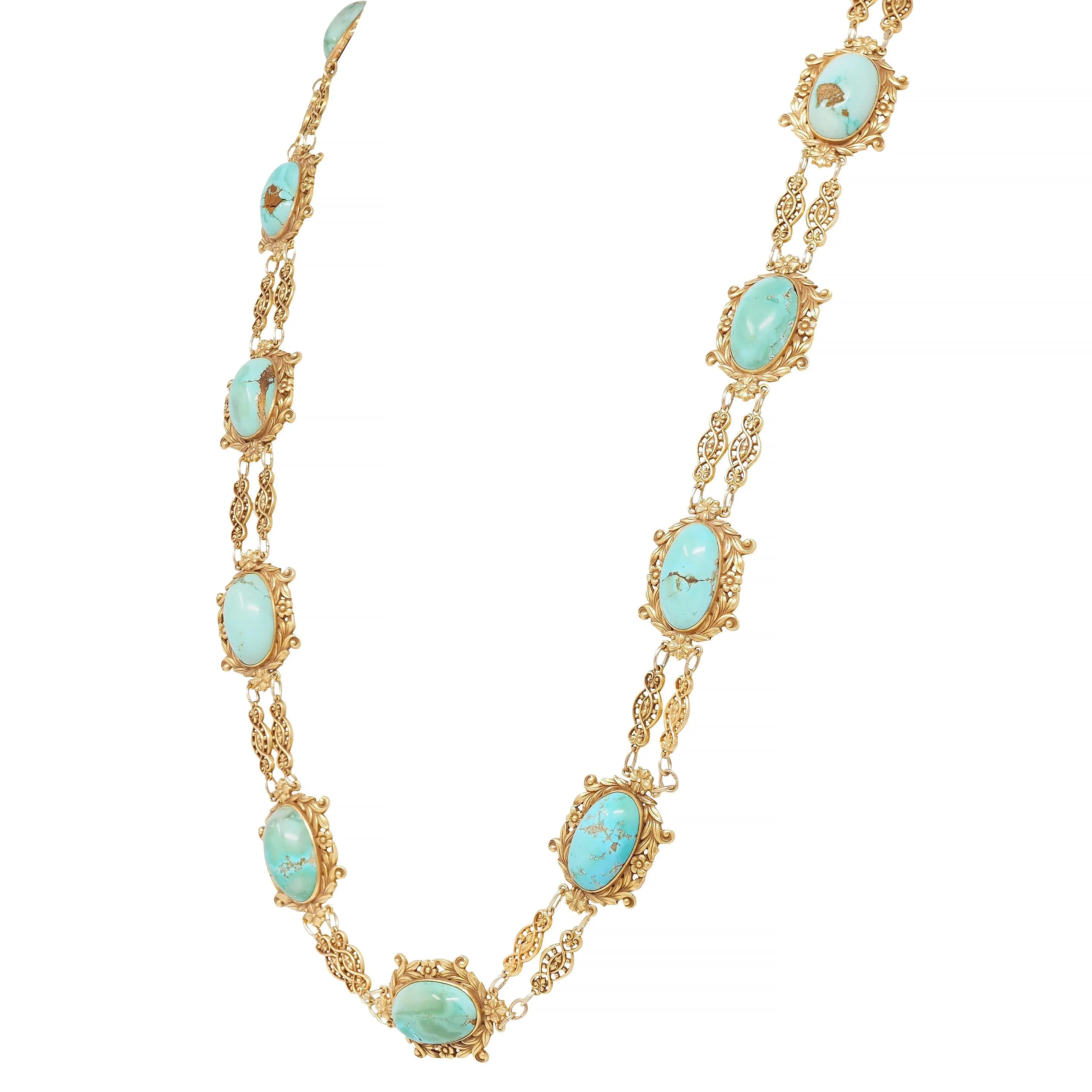 Tiffany & Co. Victorian Turquoise 18 Karat Yellow Gold Antique Floral Station Chain Necklace