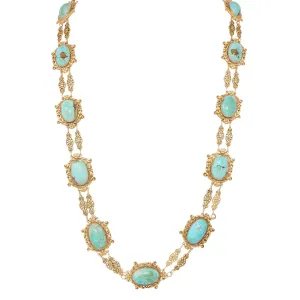 Tiffany & Co. Victorian Turquoise 18 Karat Yellow Gold Antique Floral Station Chain Necklace