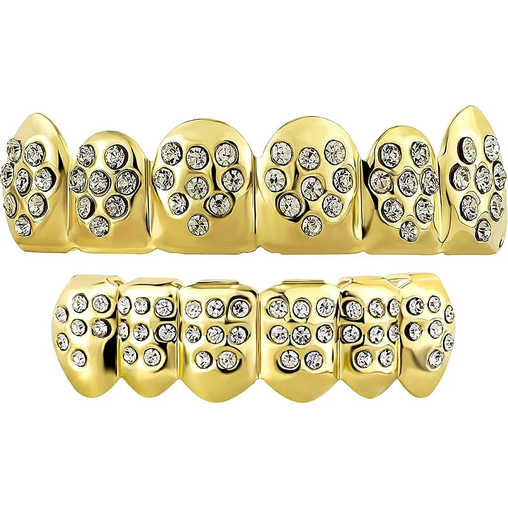 TOPGRILLZ 18K Plated Gold Grills Teeth Grillz for Men Women Iced Out Hip Hop Poker Diamond Top & Bottom Face Grills for Teeth Rapper Costume Cosplay | Multiple Colors