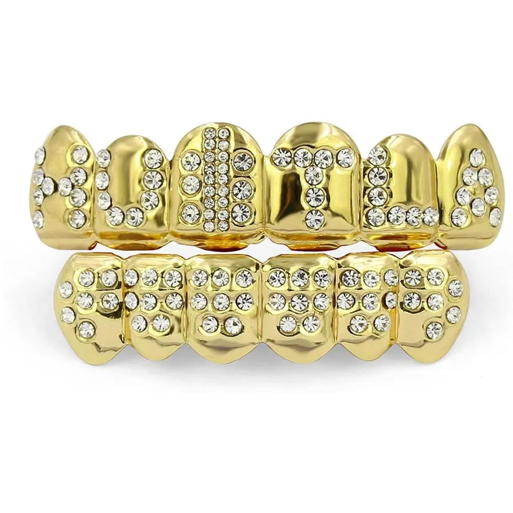 TOPGRILLZ 18K Plated Gold Grills Teeth Grillz for Men Women Iced Out Hip Hop Poker Diamond Top & Bottom Face Grills for Teeth Rapper Costume Cosplay | Multiple Colors