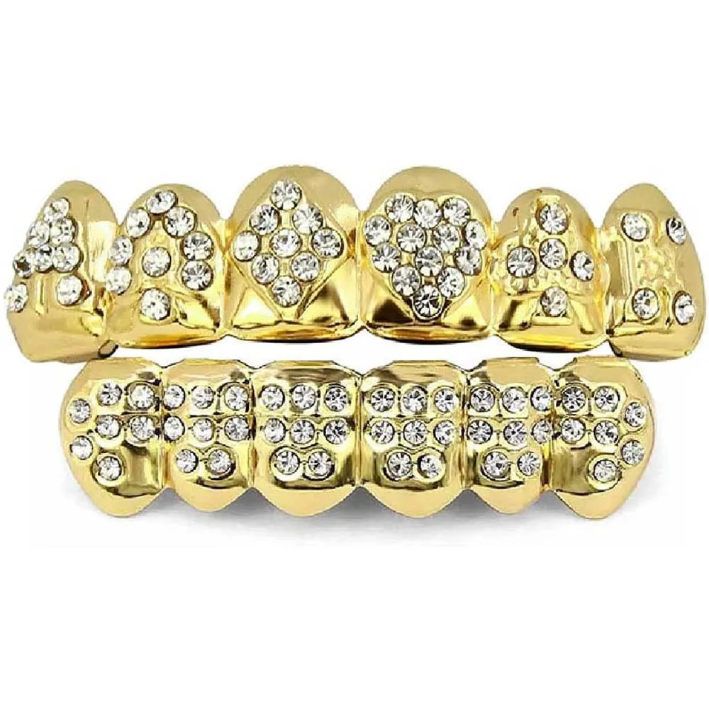 TOPGRILLZ 18K Plated Gold Grills Teeth Grillz for Men Women Iced Out Hip Hop Poker Diamond Top & Bottom Face Grills for Teeth Rapper Costume Cosplay | Multiple Colors