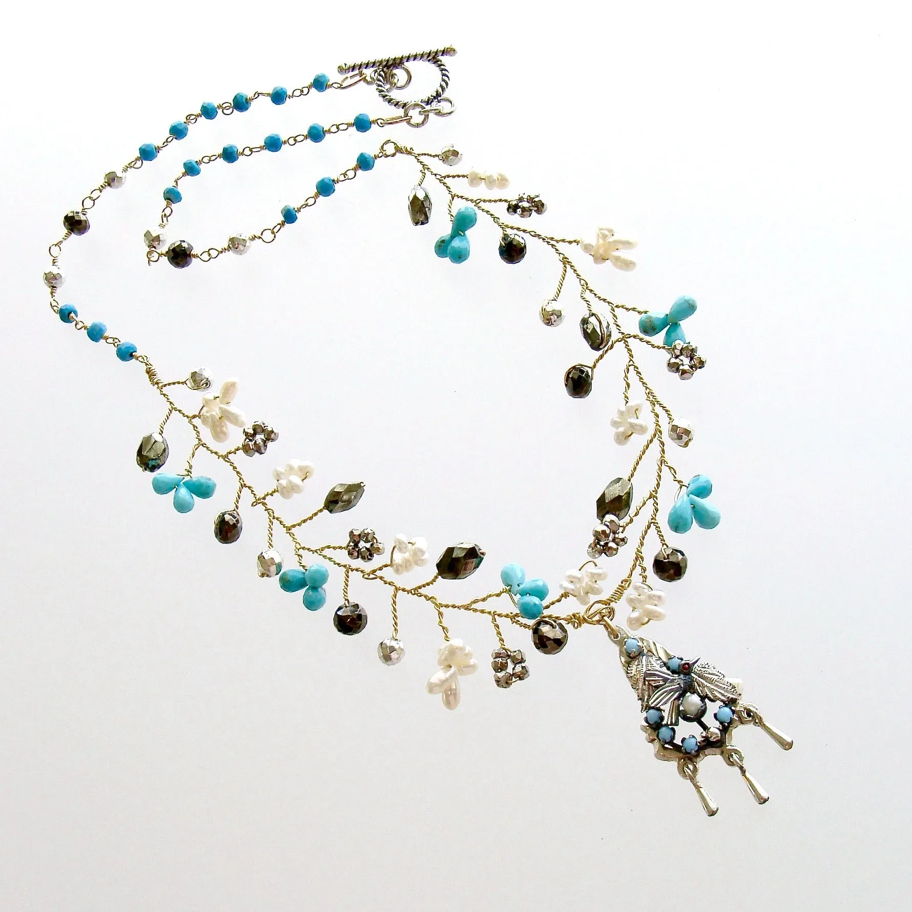 Turquoise Pyrite Pearls Pajaritos Pendant Necklace -  Pajaritos Flora Necklace
