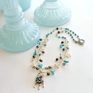 Turquoise Pyrite Pearls Pajaritos Pendant Necklace -  Pajaritos Flora Necklace