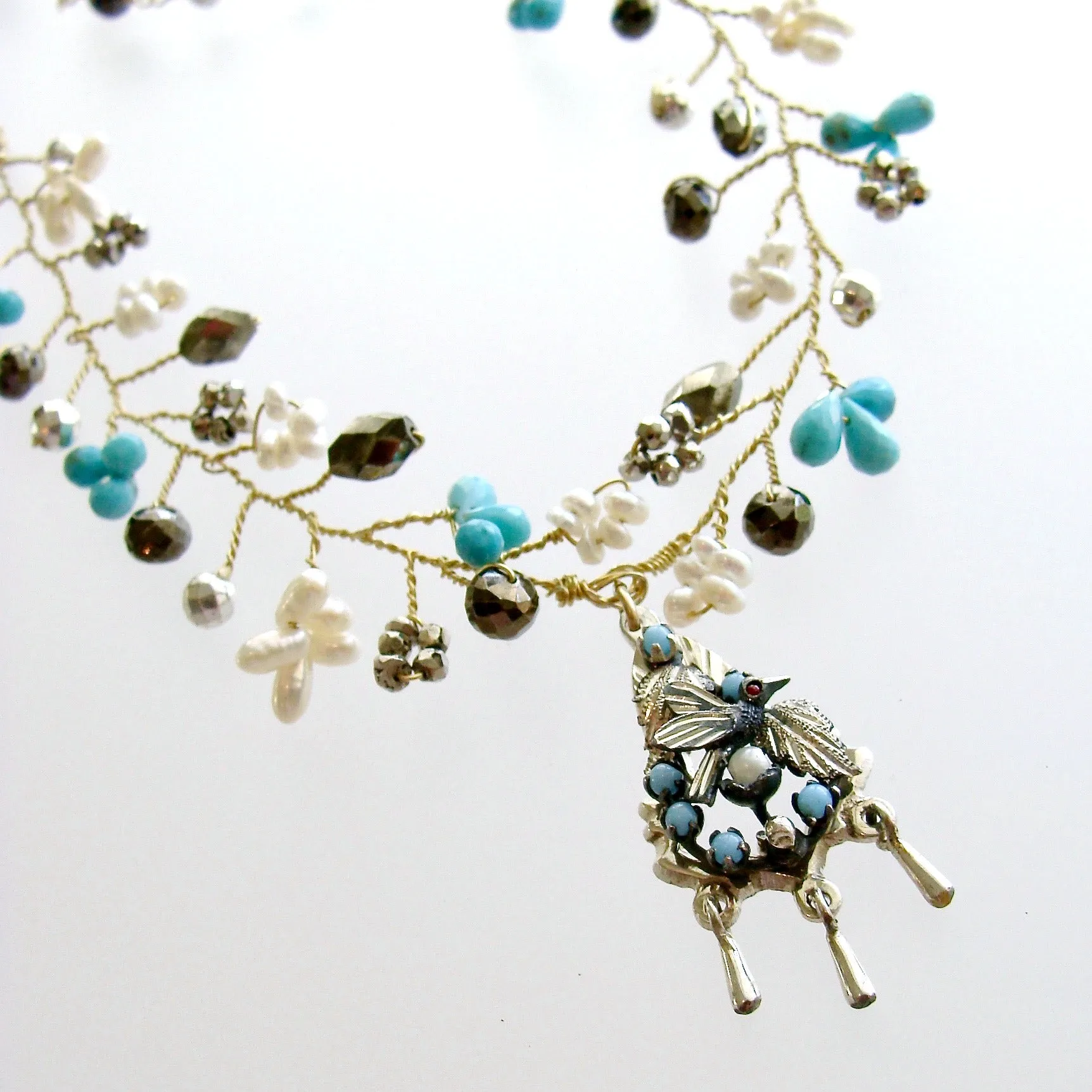 Turquoise Pyrite Pearls Pajaritos Pendant Necklace -  Pajaritos Flora Necklace