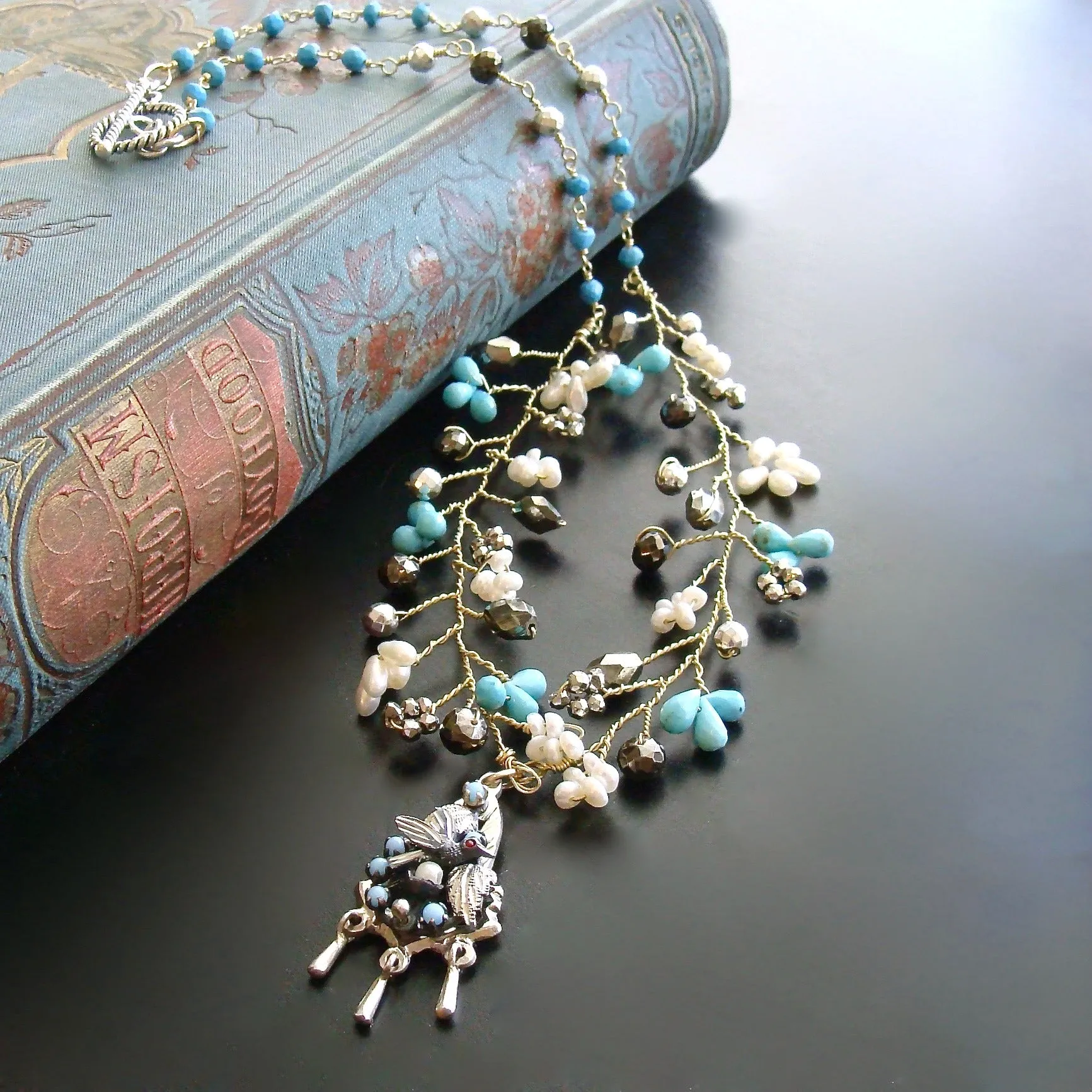 Turquoise Pyrite Pearls Pajaritos Pendant Necklace -  Pajaritos Flora Necklace