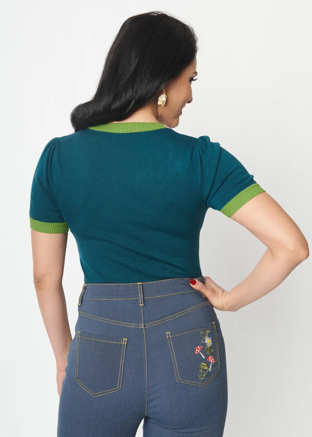 Unique Vintage Mushroom & Daisy 40's Cardigan Teal Green