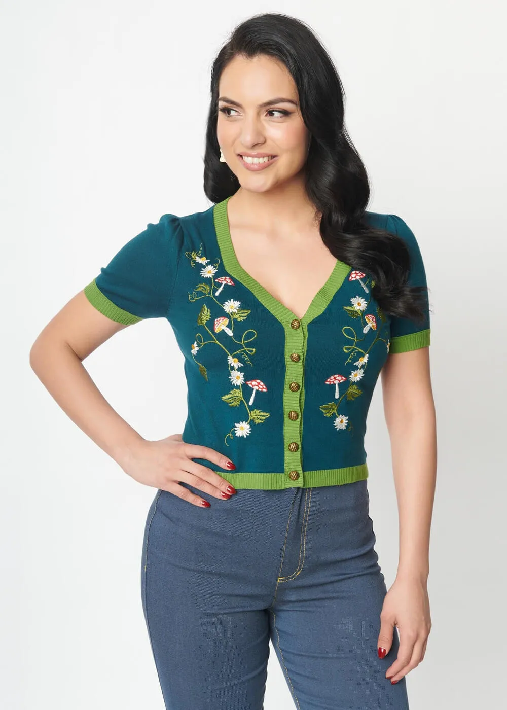 Unique Vintage Mushroom & Daisy 40's Cardigan Teal Green