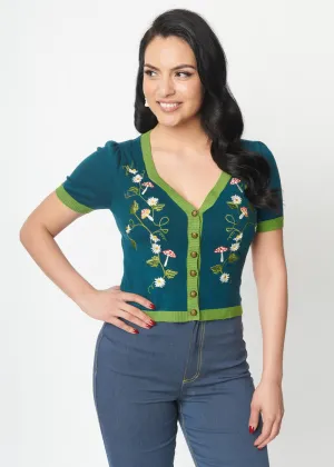 Unique Vintage Mushroom & Daisy 40's Cardigan Teal Green