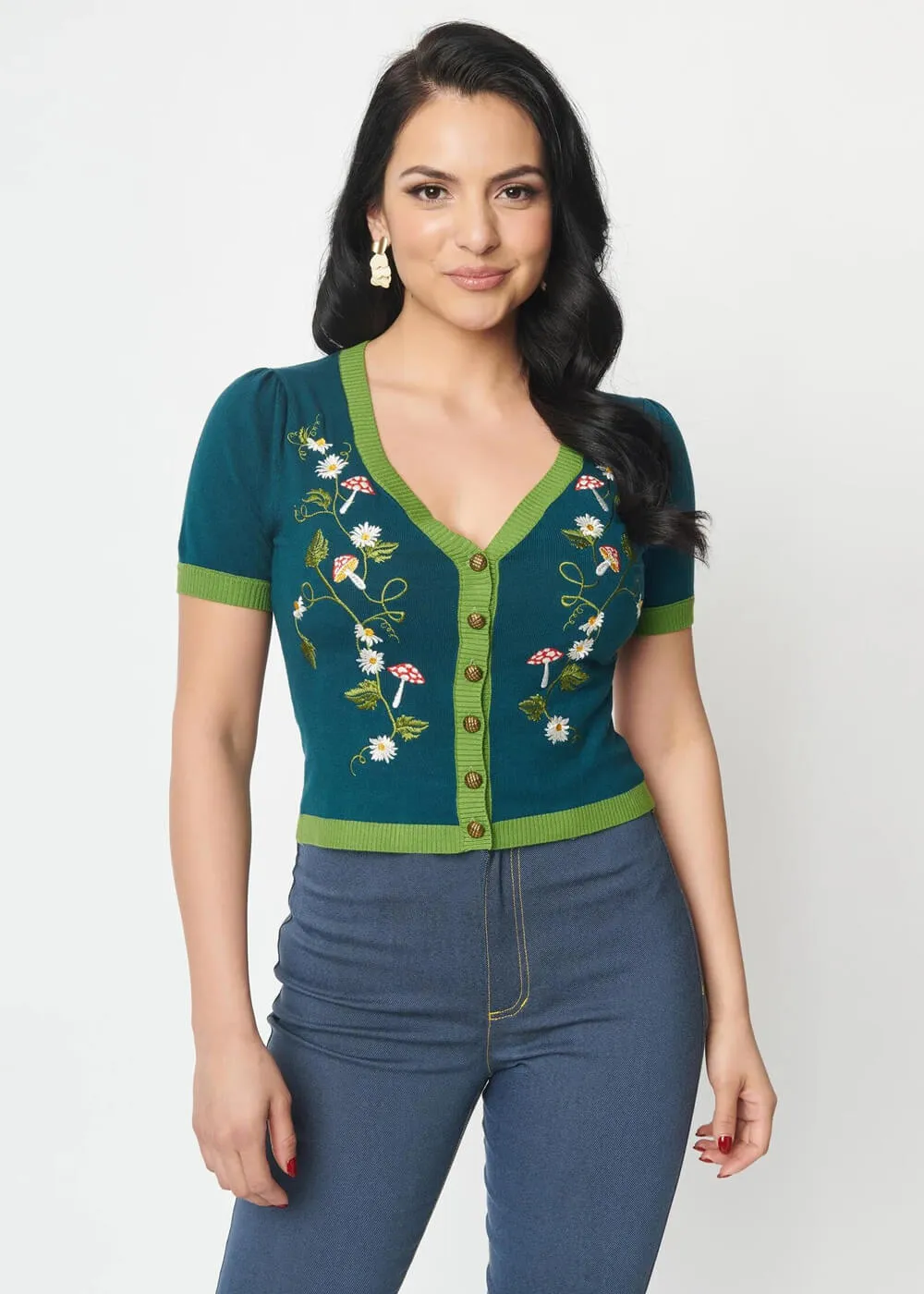 Unique Vintage Mushroom & Daisy 40's Cardigan Teal Green