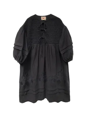 Unlogical Poem Victorian style Floral Embroidered Shirr Black Hemp Dress