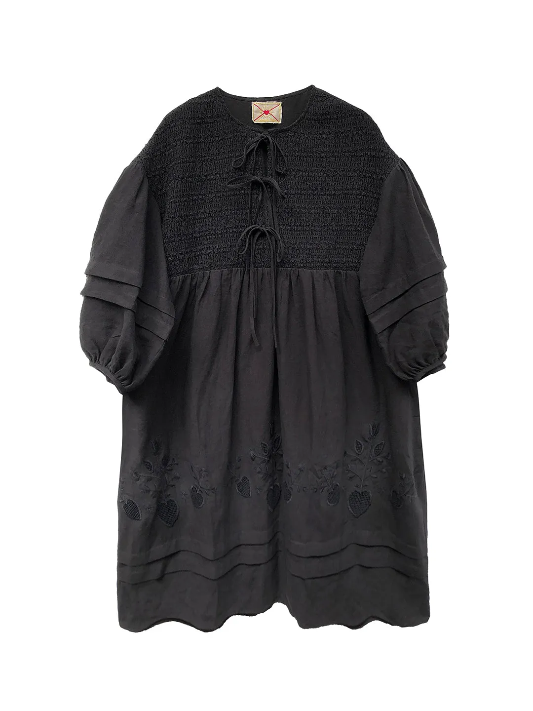 Unlogical Poem Victorian style Floral Embroidered Shirr Black Hemp Dress