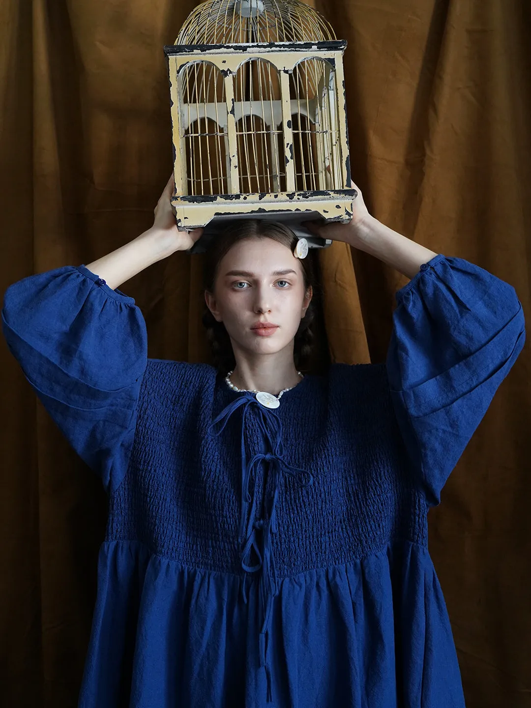 Unlogical Poem Victorian style Floral Embroidered Shirr Blue Hemp Dress