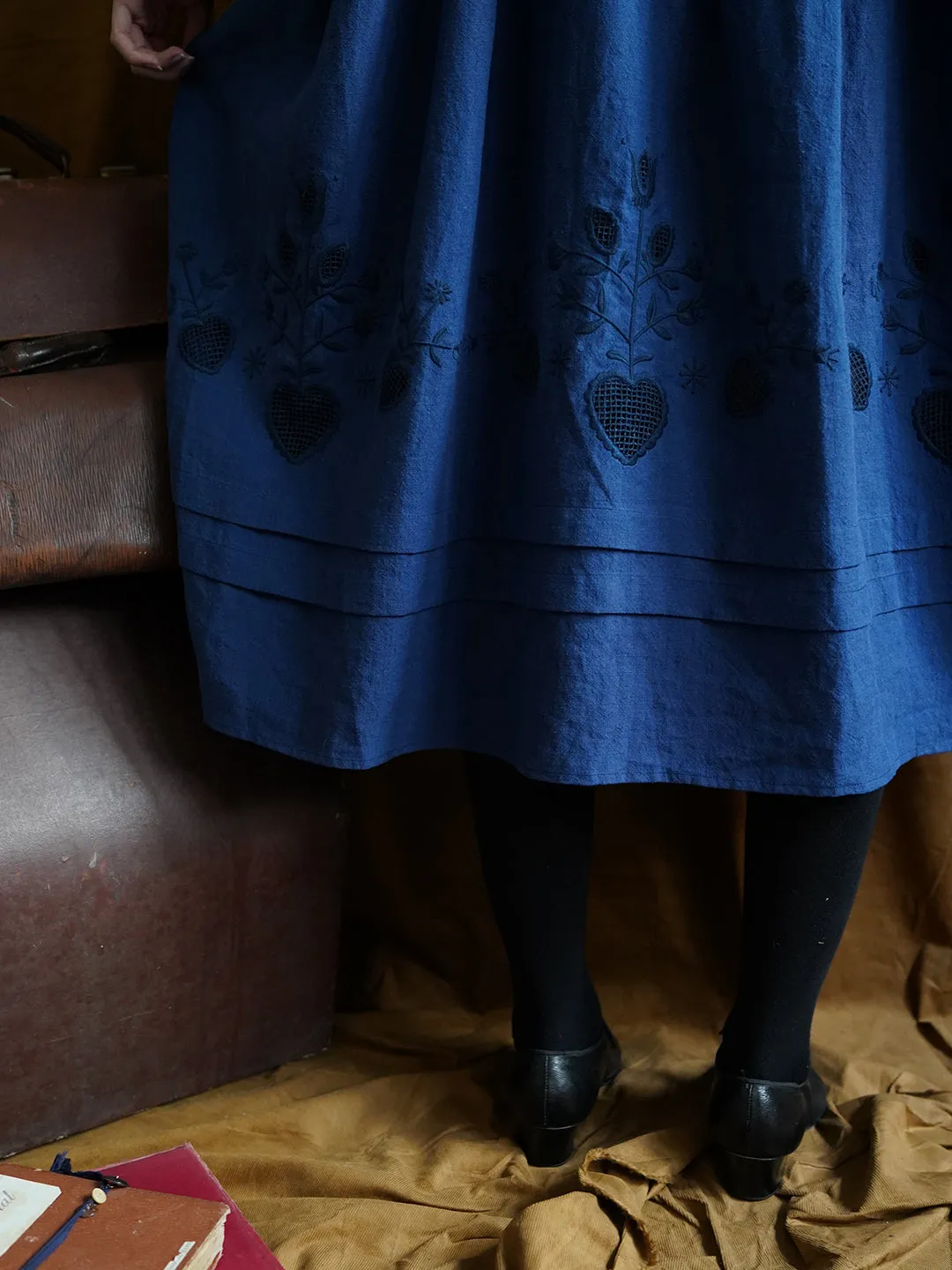 Unlogical Poem Victorian style Floral Embroidered Shirr Blue Hemp Dress