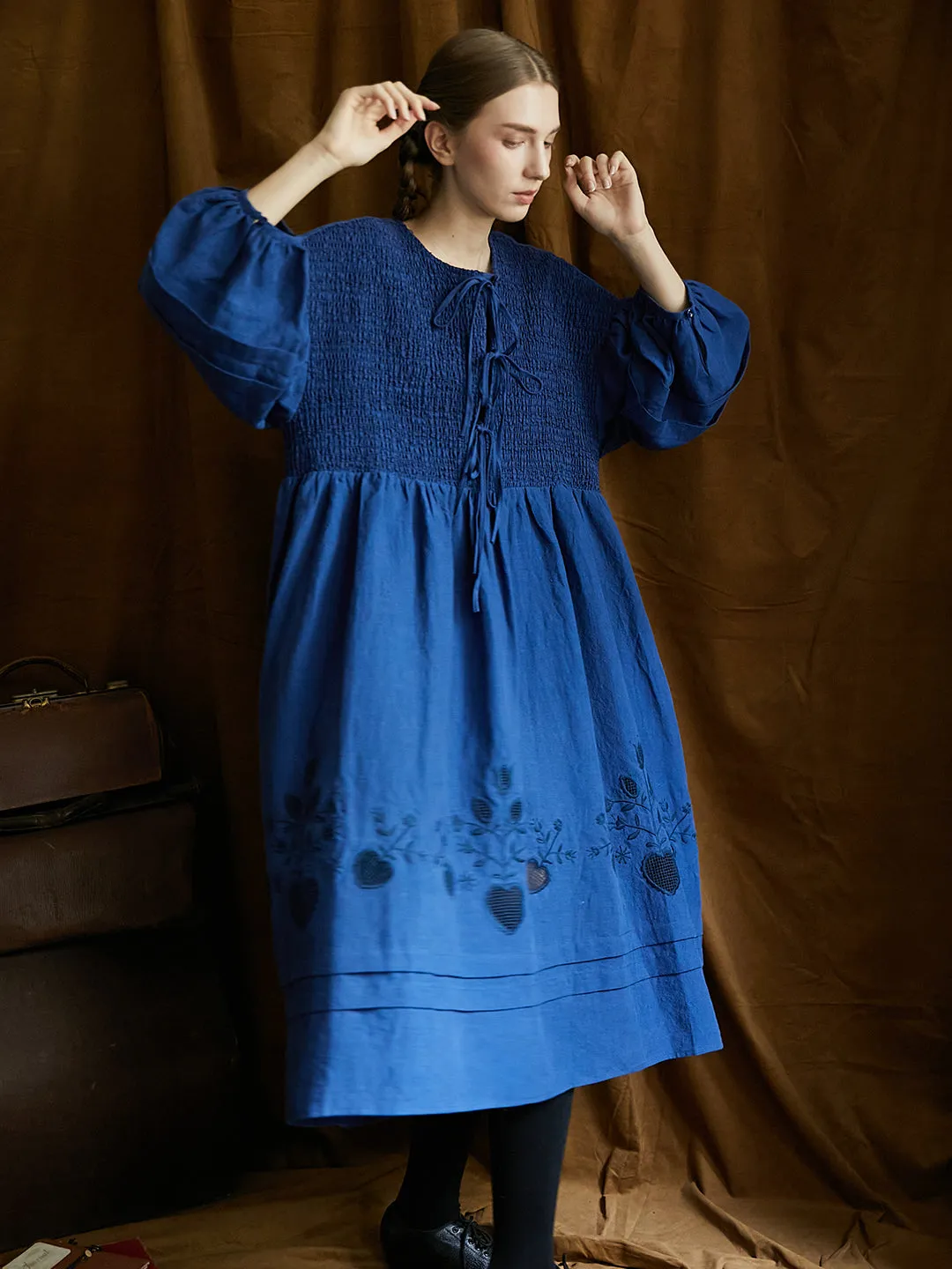 Unlogical Poem Victorian style Floral Embroidered Shirr Blue Hemp Dress