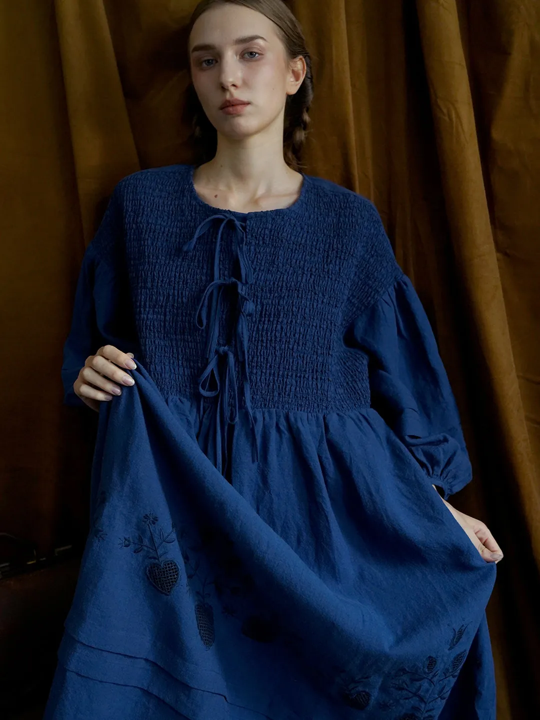 Unlogical Poem Victorian style Floral Embroidered Shirr Blue Hemp Dress