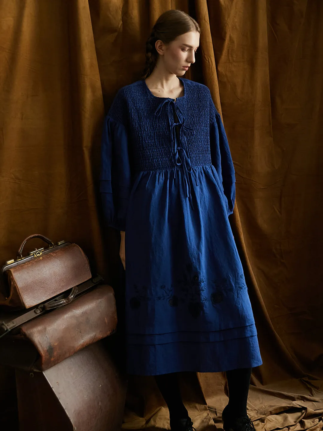 Unlogical Poem Victorian style Floral Embroidered Shirr Blue Hemp Dress