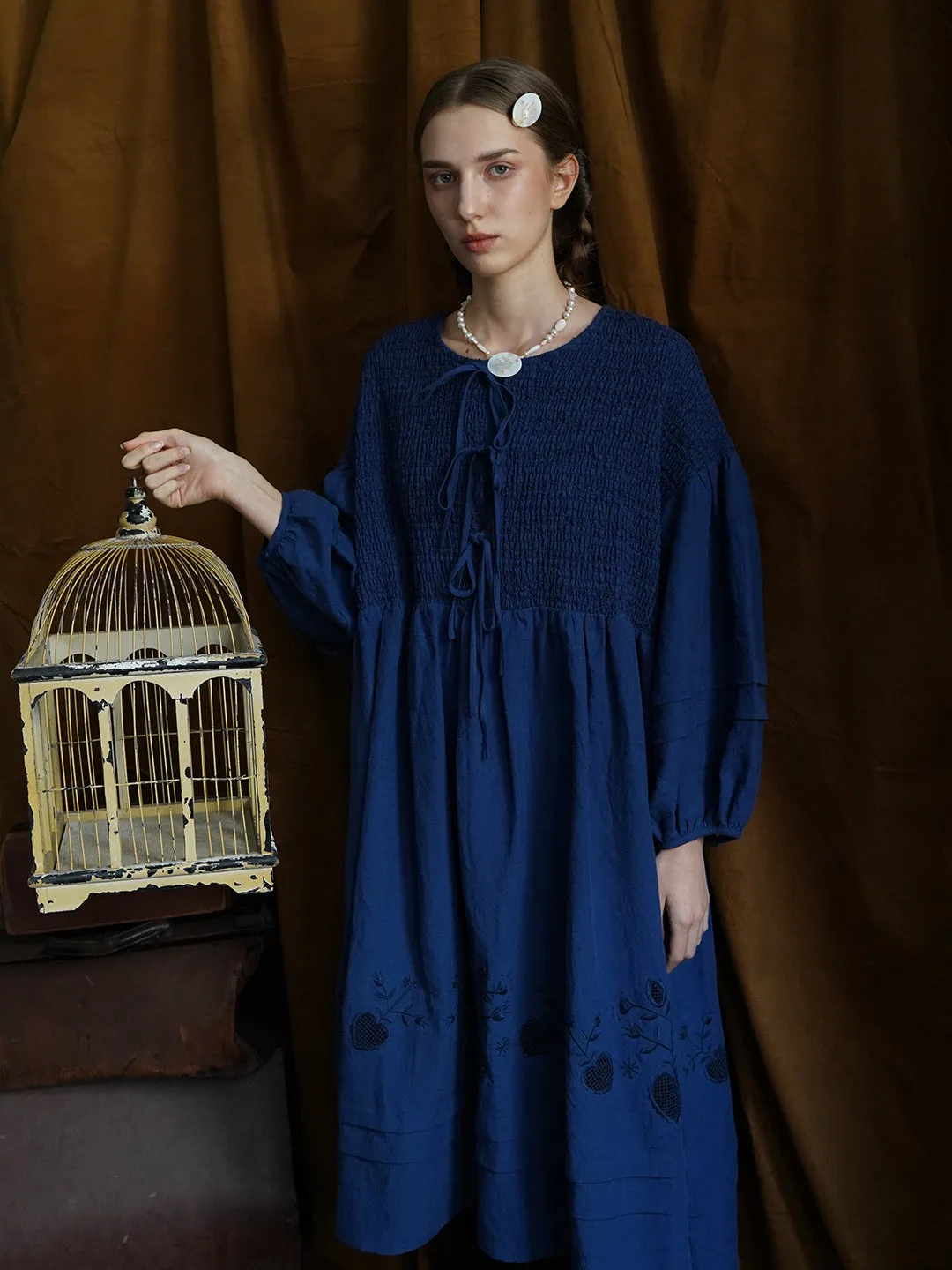 Unlogical Poem Victorian style Floral Embroidered Shirr Blue Hemp Dress