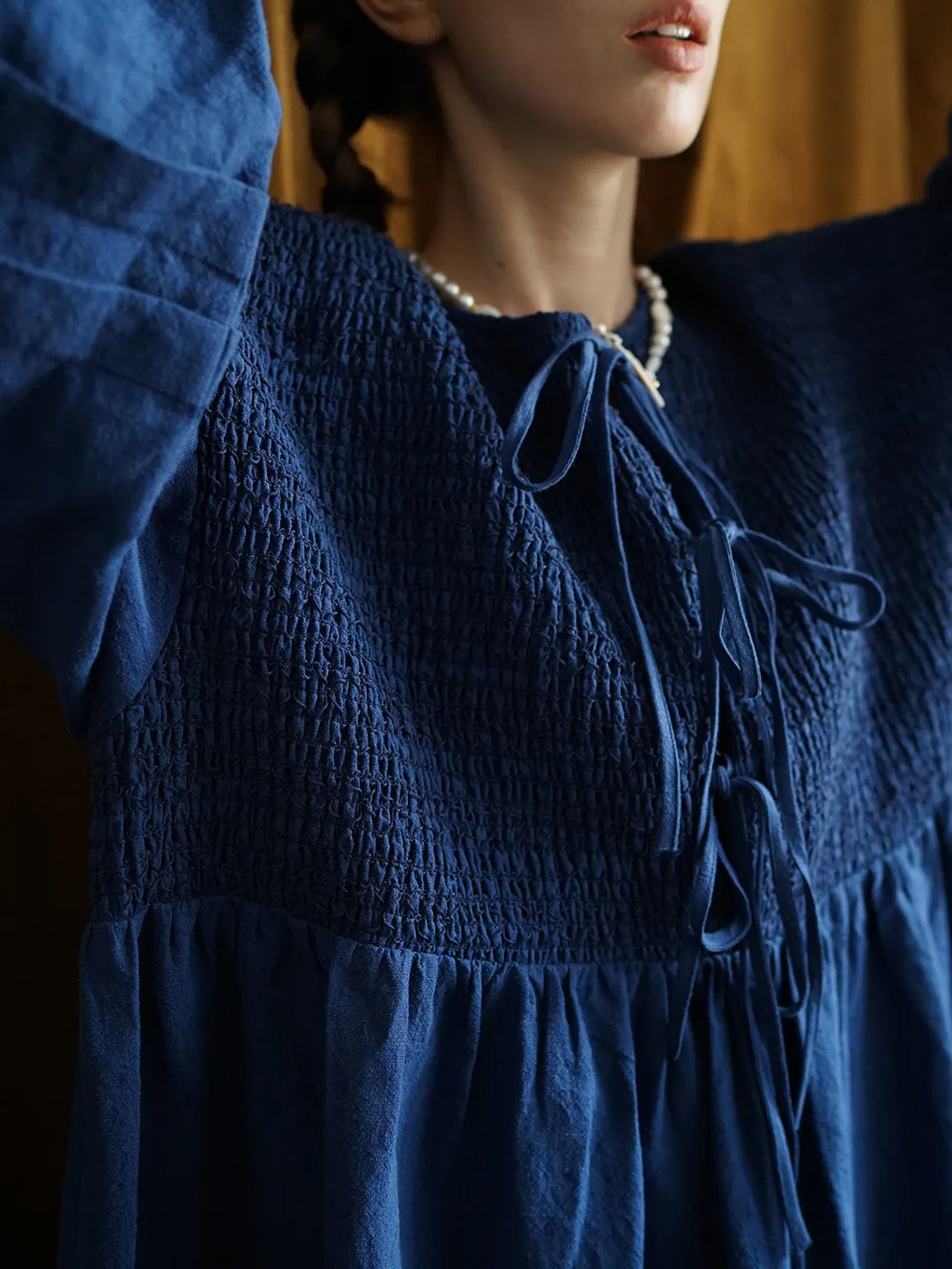 Unlogical Poem Victorian style Floral Embroidered Shirr Blue Hemp Dress