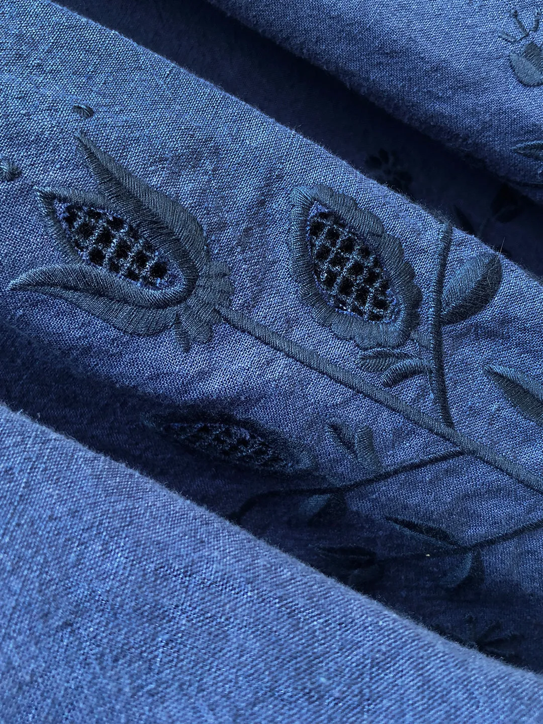Unlogical Poem Victorian style Floral Embroidered Shirr Blue Hemp Dress