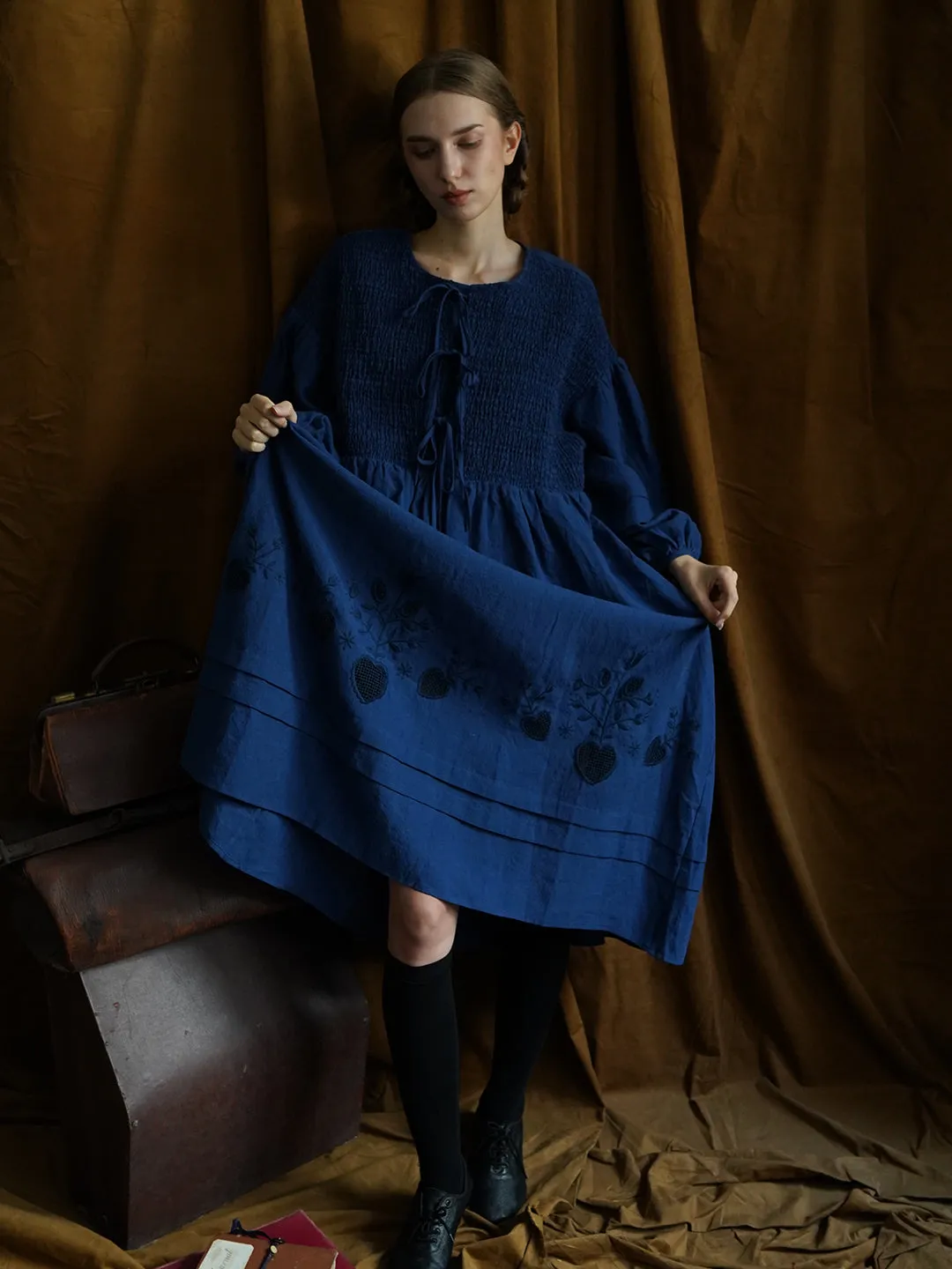 Unlogical Poem Victorian style Floral Embroidered Shirr Blue Hemp Dress
