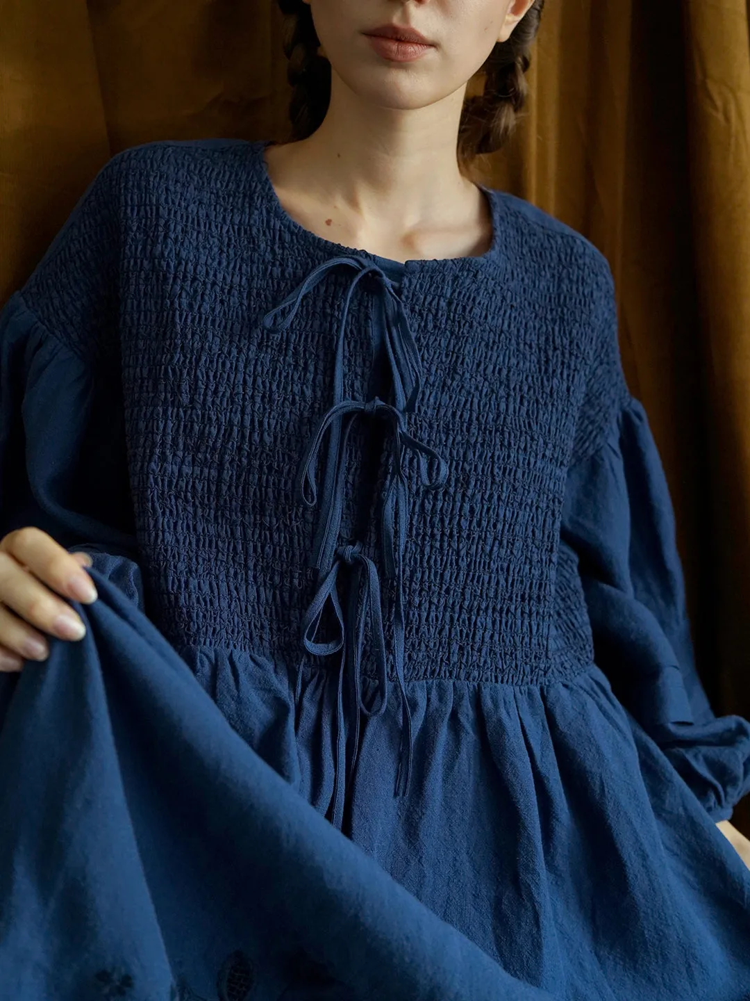 Unlogical Poem Victorian style Floral Embroidered Shirr Blue Hemp Dress