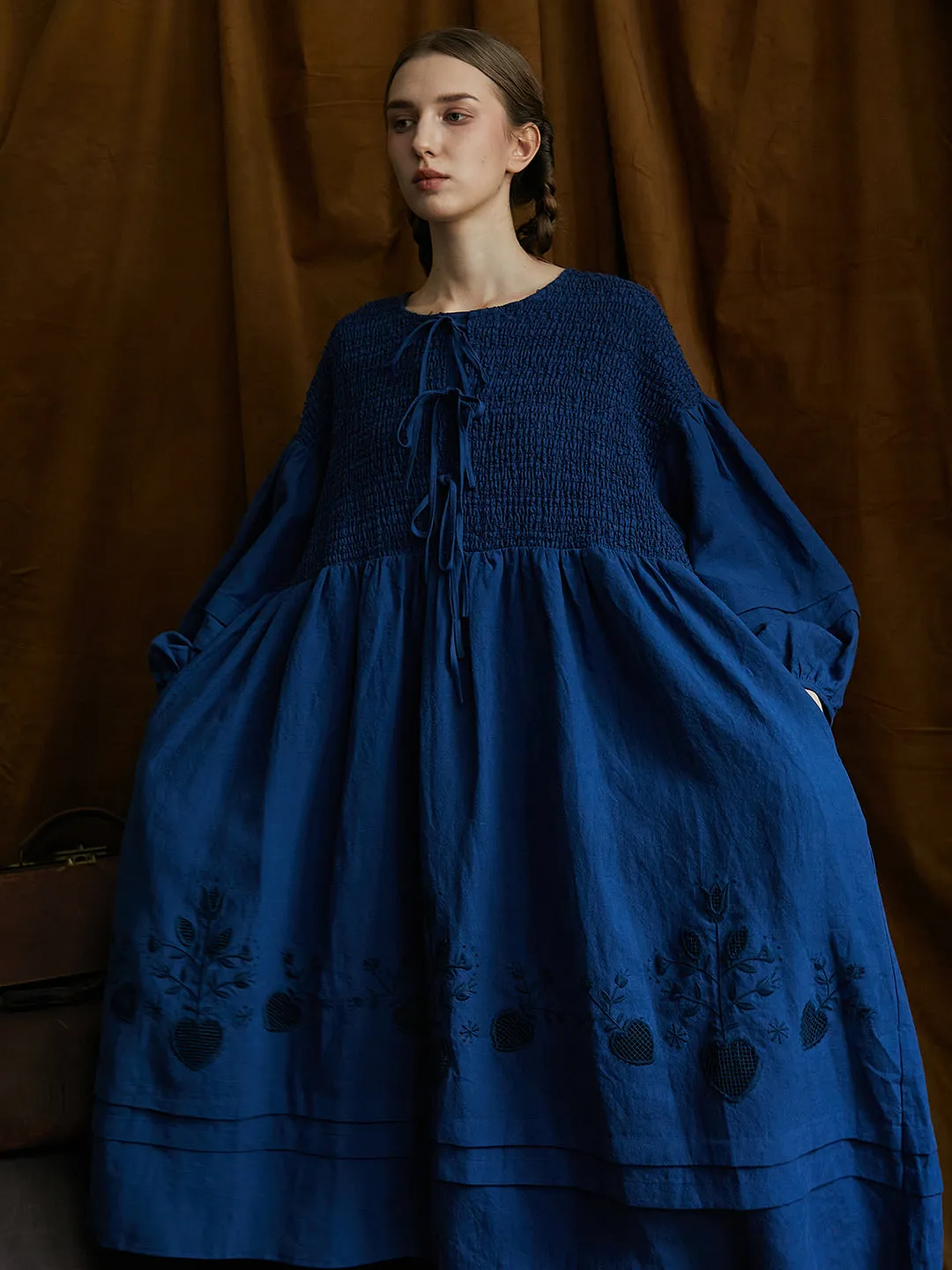 Unlogical Poem Victorian style Floral Embroidered Shirr Blue Hemp Dress