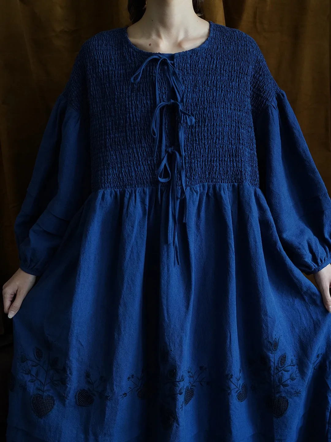 Unlogical Poem Victorian style Floral Embroidered Shirr Blue Hemp Dress