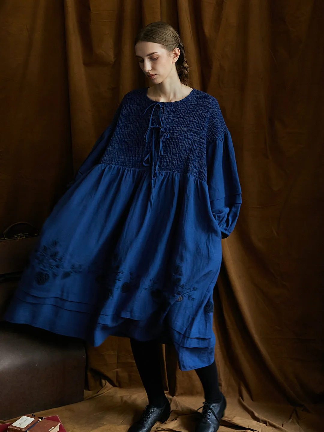 Unlogical Poem Victorian style Floral Embroidered Shirr Blue Hemp Dress