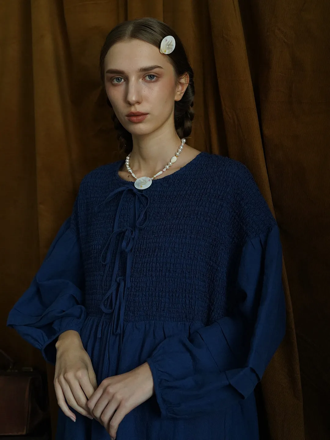 Unlogical Poem Victorian style Floral Embroidered Shirr Blue Hemp Dress