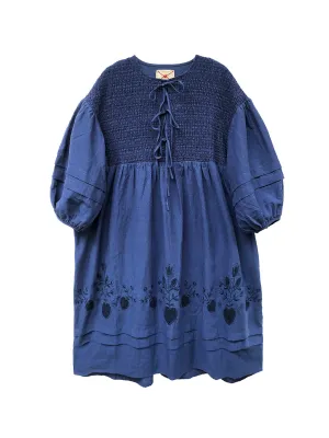 Unlogical Poem Victorian style Floral Embroidered Shirr Blue Hemp Dress
