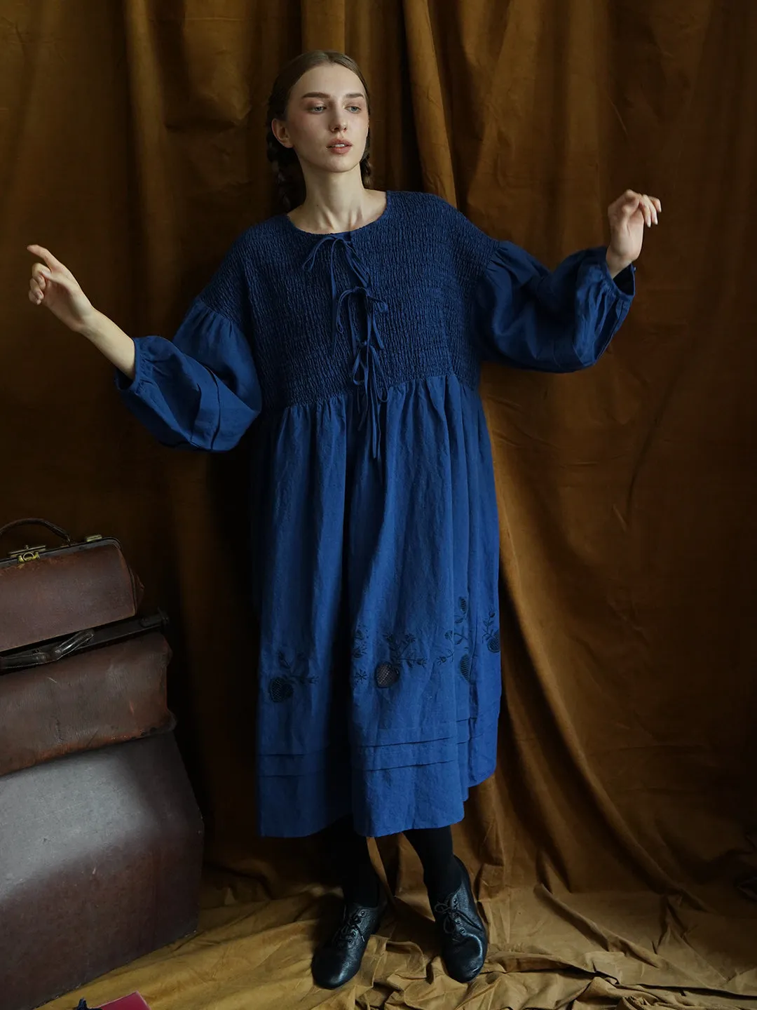 Unlogical Poem Victorian style Floral Embroidered Shirr Blue Hemp Dress