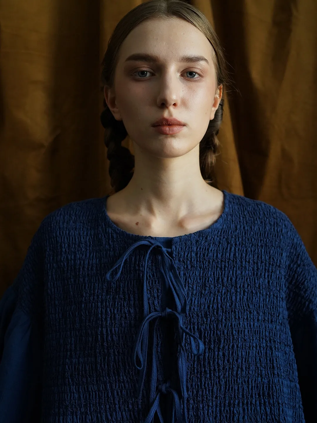 Unlogical Poem Victorian style Floral Embroidered Shirr Blue Hemp Dress