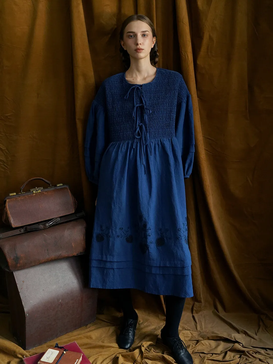 Unlogical Poem Victorian style Floral Embroidered Shirr Blue Hemp Dress