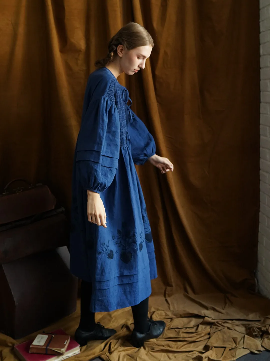 Unlogical Poem Victorian style Floral Embroidered Shirr Blue Hemp Dress