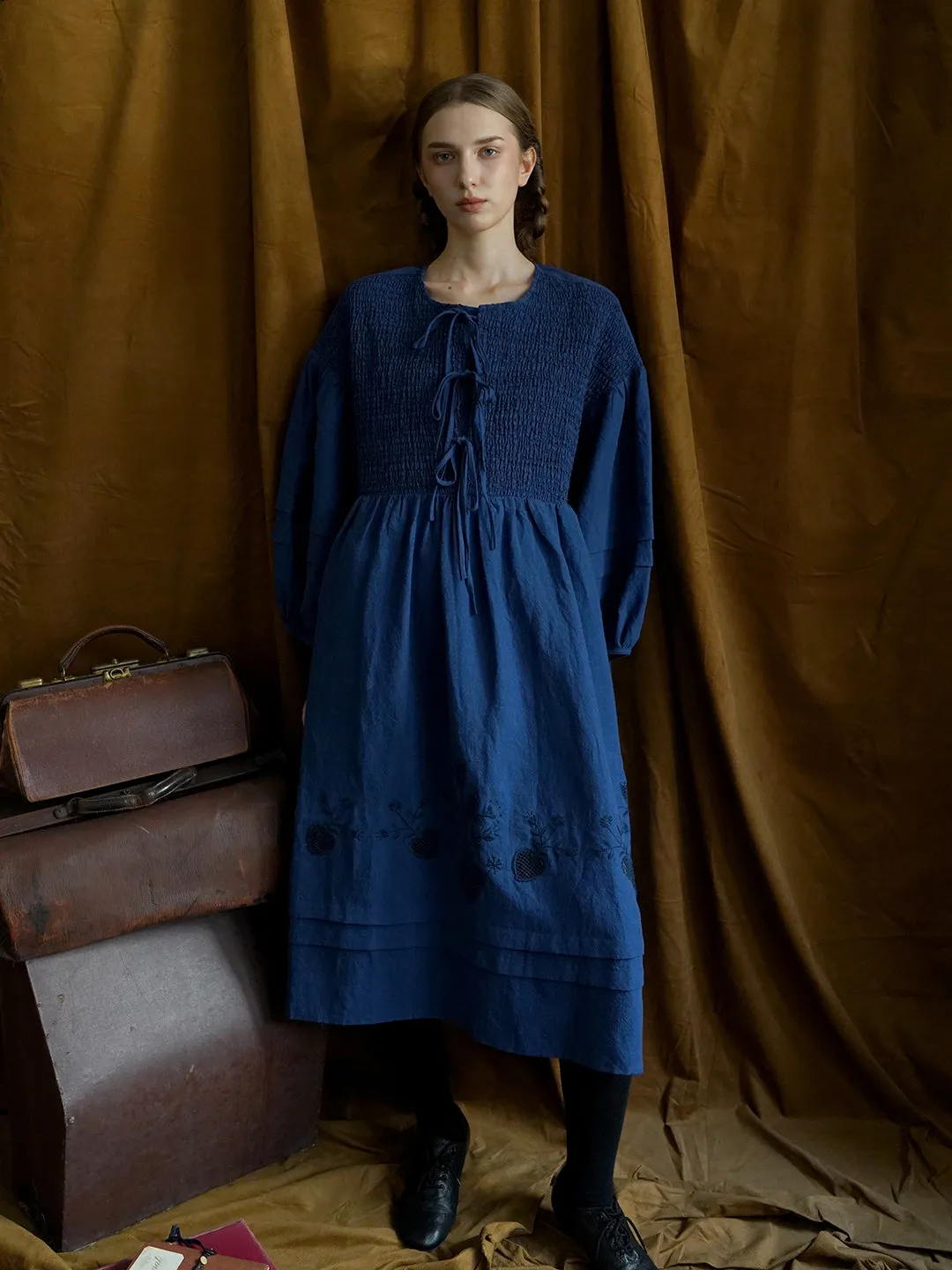 Unlogical Poem Victorian style Floral Embroidered Shirr Blue Hemp Dress