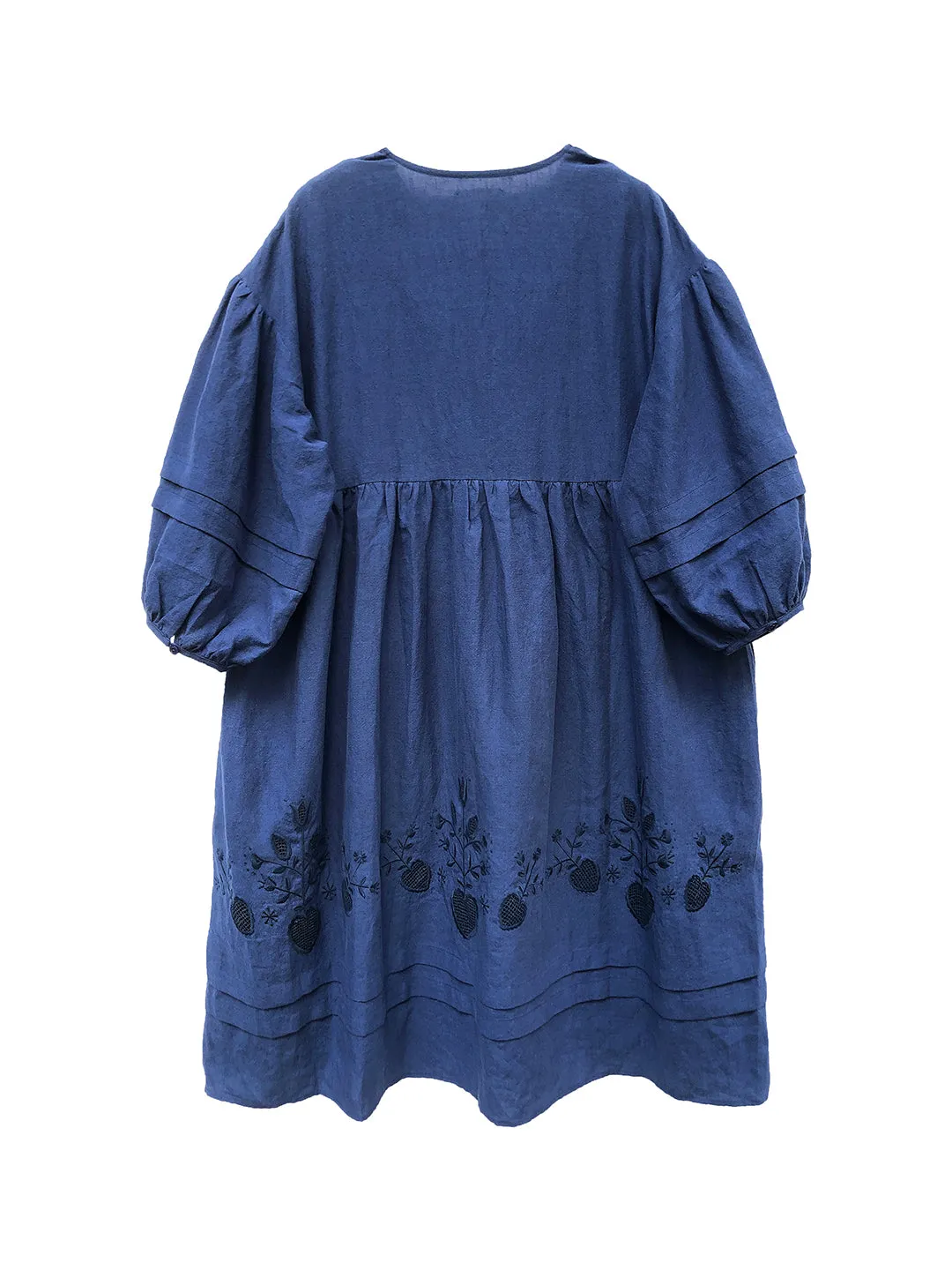 Unlogical Poem Victorian style Floral Embroidered Shirr Blue Hemp Dress