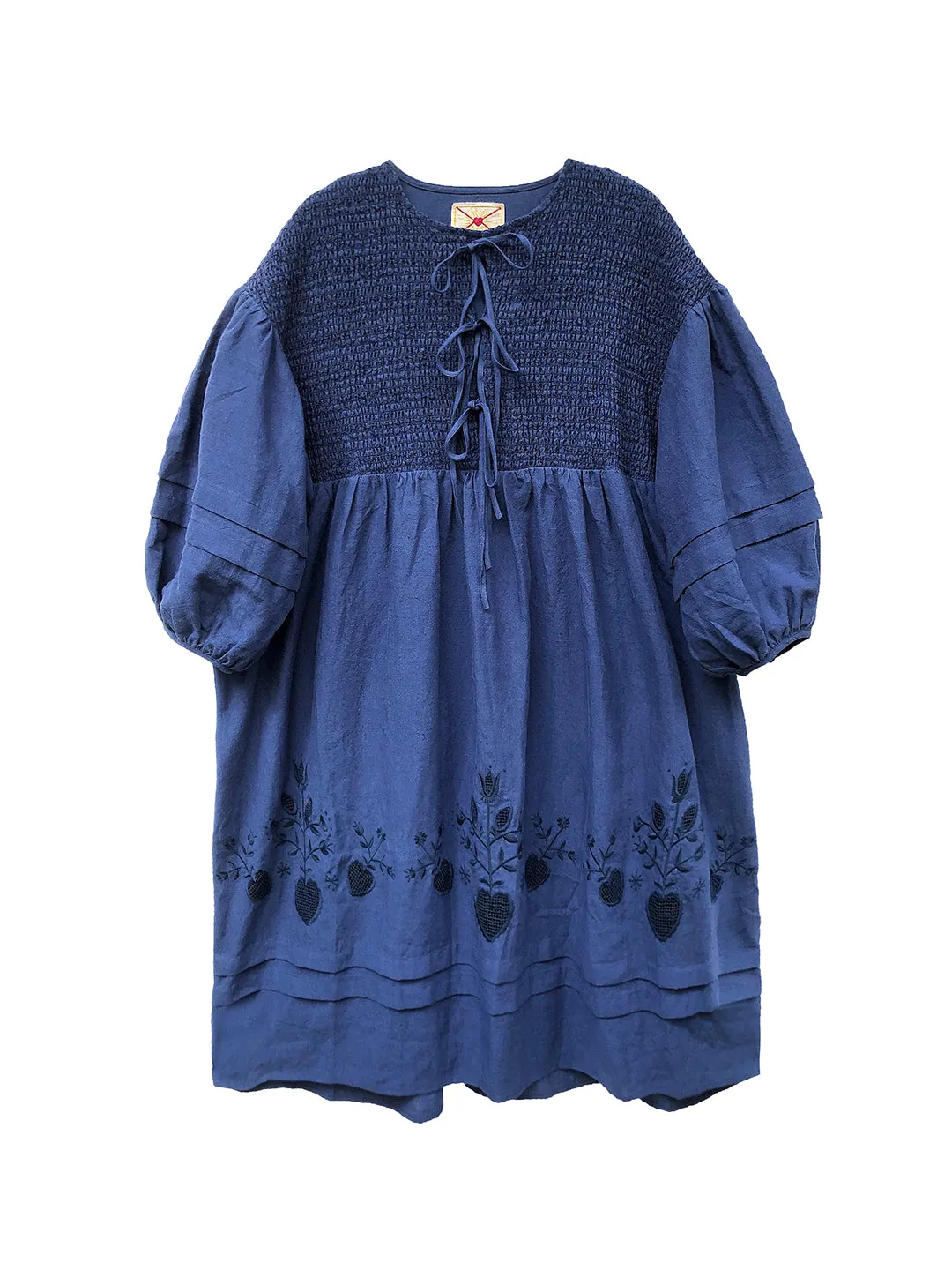 Unlogical Poem Victorian style Floral Embroidered Shirr Blue Hemp Dress