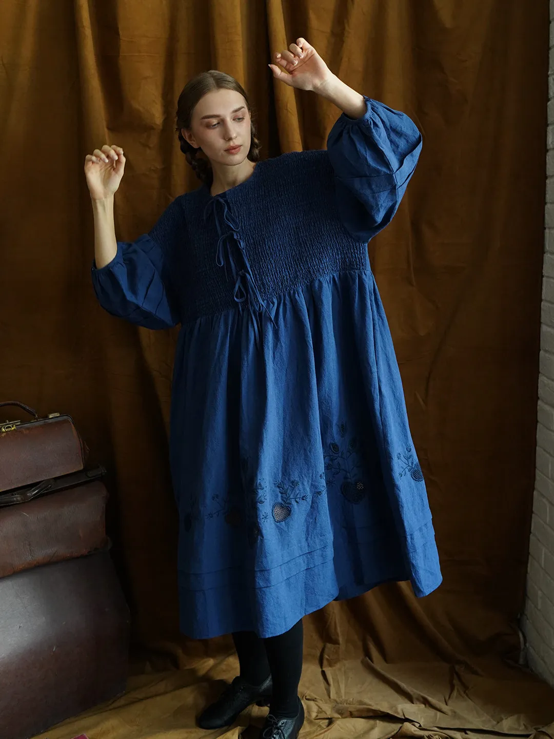 Unlogical Poem Victorian style Floral Embroidered Shirr Blue Hemp Dress