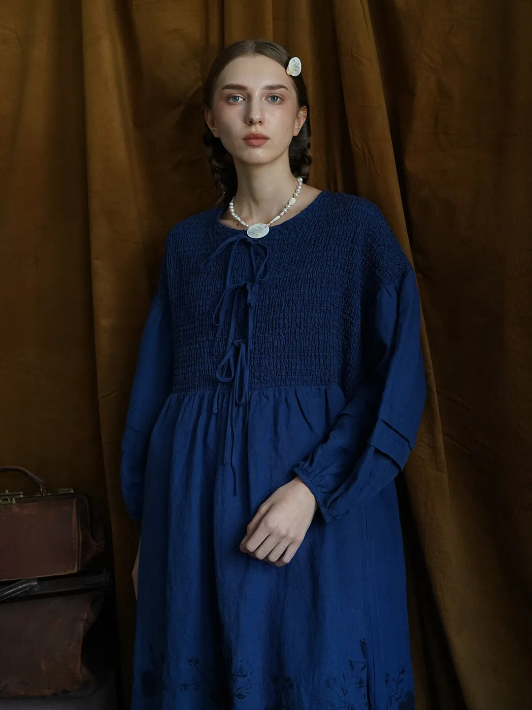 Unlogical Poem Victorian style Floral Embroidered Shirr Blue Hemp Dress