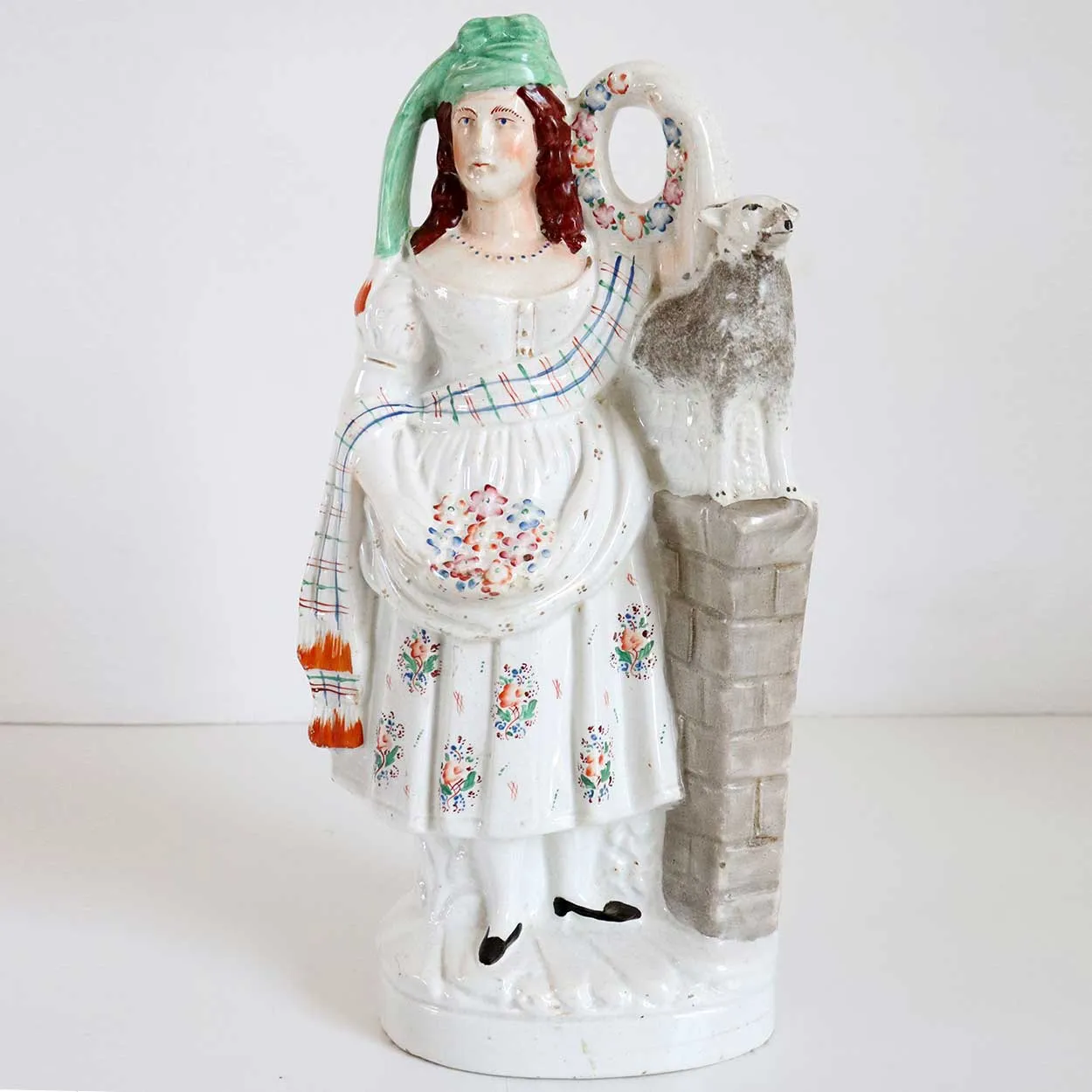 Very Large English Staffordshire Pottery Flatback Figural Group of a Shepherdess and Lamb