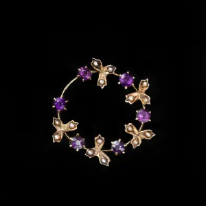 Victorian 14K Yellow Gold Amethyst and Pearl Brooch