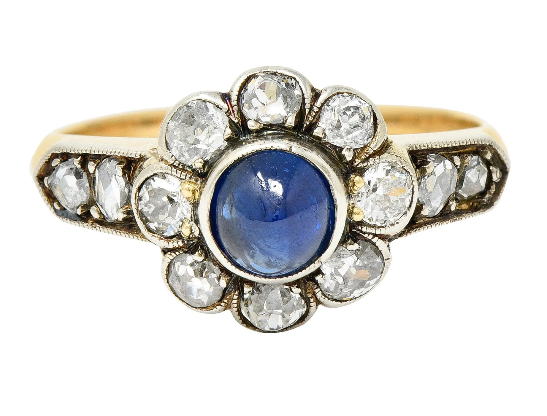 Victorian 2.25 CTW Sapphire Diamond Silver-Topped 14 Karat Gold Cluster Ring