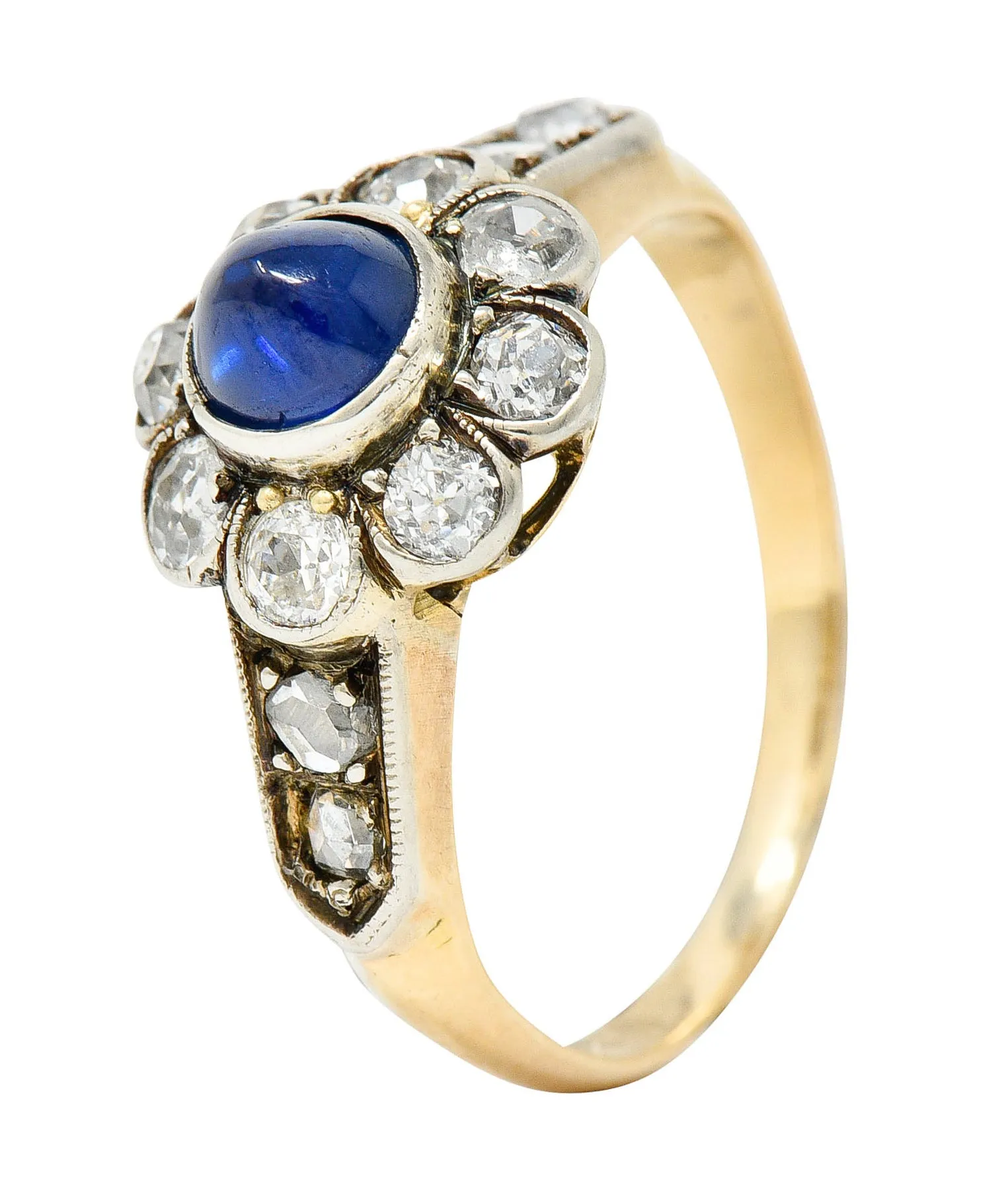 Victorian 2.25 CTW Sapphire Diamond Silver-Topped 14 Karat Gold Cluster Ring