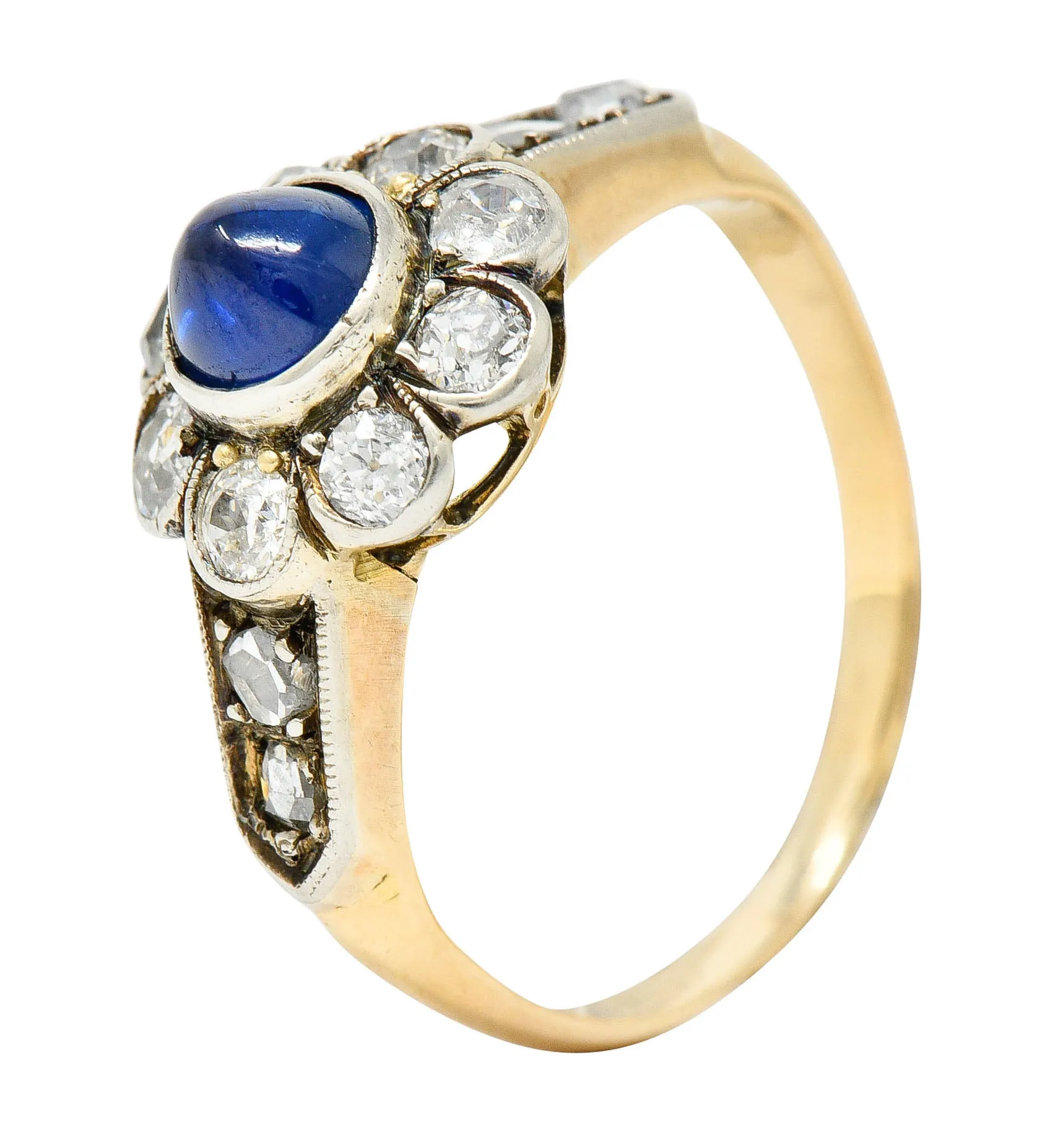 Victorian 2.25 CTW Sapphire Diamond Silver-Topped 14 Karat Gold Cluster Ring